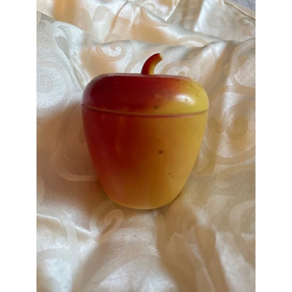 Vintage Hazel Atlas Milk Glass Apple Jam Jar Red Yellow Ombre Lidded Dish 1940s